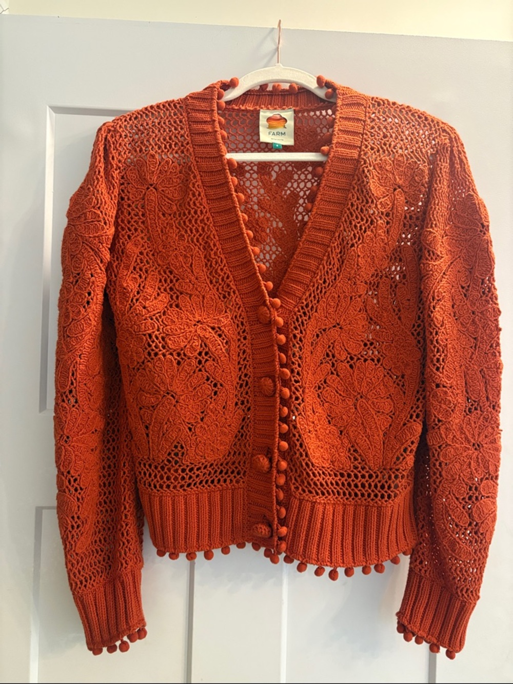 FARM Rio Rust Orange Crochet Cardigan with Pom-Pom Trim size S